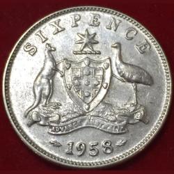 1958 Australia 6 Pence - Elizabeth II with "F:D:" Silver Coin #N238