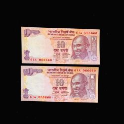 10 Rupee Note India Banknote Twin Pair UNC Same Serial Number 61A 066660