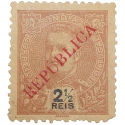 Postal Stamp of Portuguesa India - Brown Colour 2-1/2 Reis Over Printed in Red 'Republica' Mint Un-U