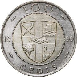 Alternative view of Bi-Metallic 100 Cedis of Ghana Country (AD 1999) with Cocoa Plants