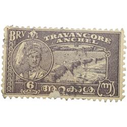 Postal Stamp of Travancore Anchel State 6 CashBlack Colour - Aruvikar Falls - Used Condition as per