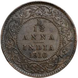Alternative view of Bronze 1/12 Anna of Edward VII (AD 1910) of Calcutta Mint About Very Fine