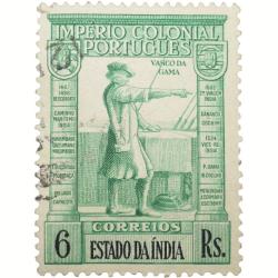 Postal Stamp of India Portugues - Green 6 Ries with Vasco Da Gama - Used as per Image.