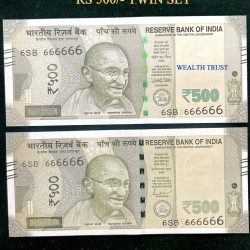 Rs 500 Twin Pair Gem Unc Very Unique Banknote Set SUPER Solid Number 6SB 666666