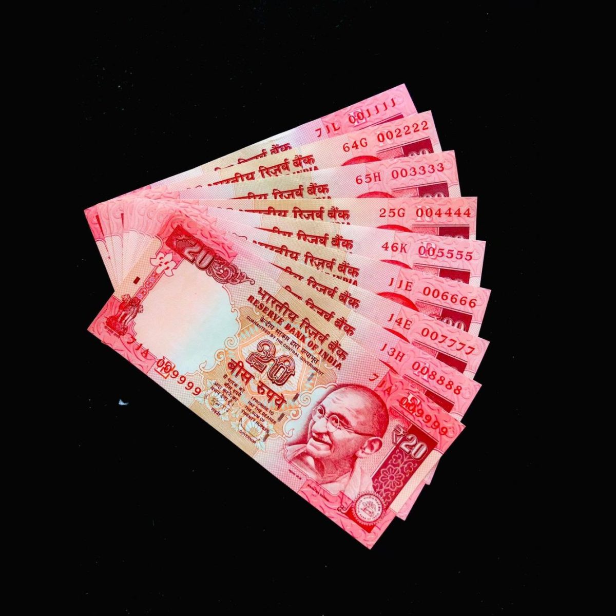 Rs 20 INDIA BANKNOTE SET 001111 to 009999 GEM UNC UNIQUE 9 Note set Small Font Issue