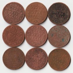 Extremely Rare and Fine 9 Coins Set of One Quarter Anna 1862 to 1897 Copper Coins Set of Empress Victoria British India Coinage