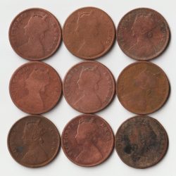 Extremely Rare and Fine 9 Coins Set of One Quarter Anna 1862 to 1897 Copper Coins Set of Empress Victoria British India Coinage