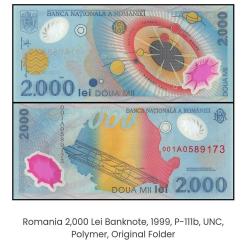 Alternative view of Romania 2,000 Lei Banknote, 1999, P-111b, UNC, Polymer, Original Folder