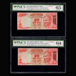 Extremely Rare 9/10 pair in 20rs signed by YV Reddy without year with PMCS grade. Sku 97