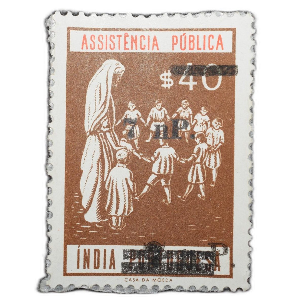 Postal Stamp of India Portugues - Assistencia Publica Cancelled and Over Printed Brown 7 New Paise b