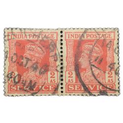 Postal Stamp of George VI 2 Annas - Block of 2 Stamps - Service Issue - Red & White Colour - Used as