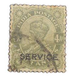 Postal Stamp of George V 4 Annas - Sage Green Colour - with Service Over Print in Black - Ty.71 Sta