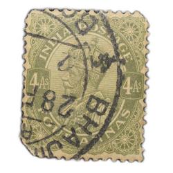 Postal Stamp of George V 4 Annas - Sage Green Colour - Ty.71 Stanely Gibbson - Used as per Image.
