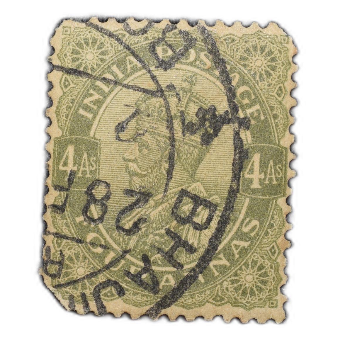 Postal Stamp of George V 4 Annas - Sage Green Colour - Ty.71 Stanely Gibbson - Used as per Image.