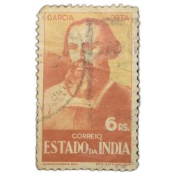 Postal Stamp of India Portugues - Garcia Orto Issue - Yellow - Brown colour 6 Ries stamp, Used Condi