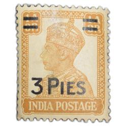 Postal Stamp of George VI 1 Anna 3 Pies White-Brown Colour Denomination Changed to 3 Pies Over Print