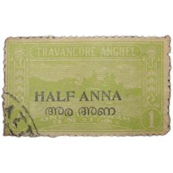 Postal Stamp of Travancore Anchel Green Colour 1 Chukram - 'Half Anna' Over Printed in Black in dual
