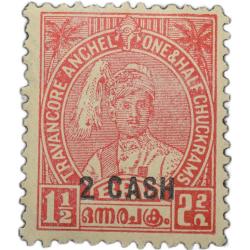 Postal Stamp of Travancore Anchel Red Colour 1 - 1/2 Chukram - '2 Cash' Over Printed in Black - Mint