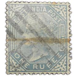 East India Postage Stamp of Victoria Queen (AD 1874) - Slate Colour 1 Rupee - Gibbson Ty.79 - Used C