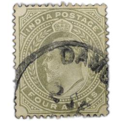 Postal Stamp of Edward VII 4 Annas Olive Colour Used Condition as per Image.