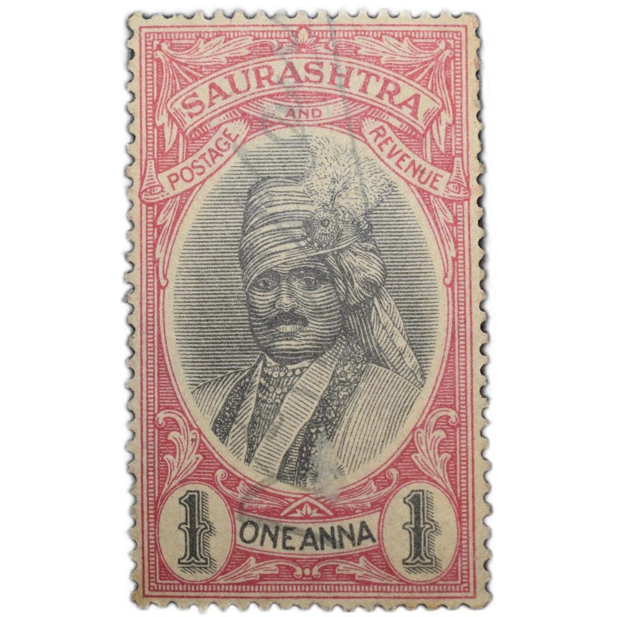 Postal & Revenue Stamp of Saurashatra State - Red & Black Colour 1 Anna Used Condition as per Image.