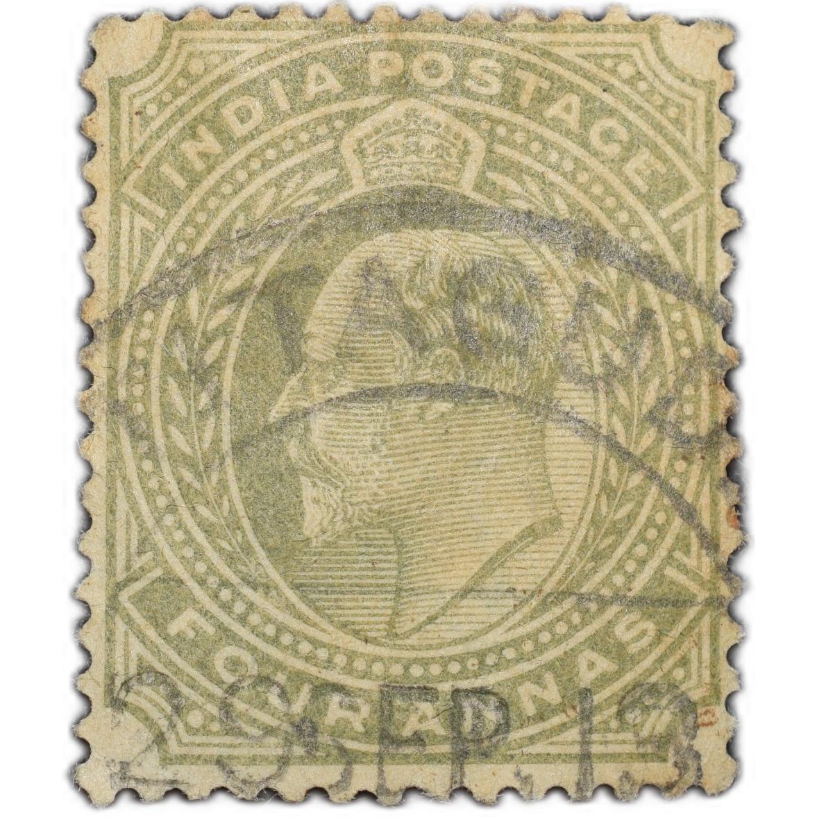 Postal Stamp of Edward VII 4 Annas Olive Colour Used Condition as per Image.