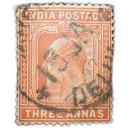 Postal Stamp of Edward VII 3 Annas Orange-Brown Colour Used Condition as per Image.