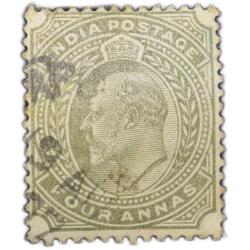 Postal Stamp of Edward VII 4 Annas Olive Colour Used Condition as per Image.