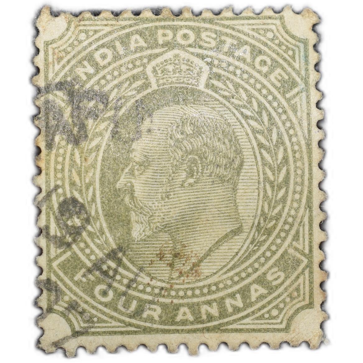 Postal Stamp of Edward VII 4 Annas Olive Colour Used Condition as per Image.