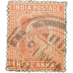 Postal Stamp of Edward VII 3 Annas Orange-Brown Colour Used Condition as per Image.