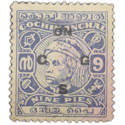 Postal Stamp of India - Cochin Anchal - Blue 9 Pies with 'ON CGS' Over Printed in Black - Used Condi