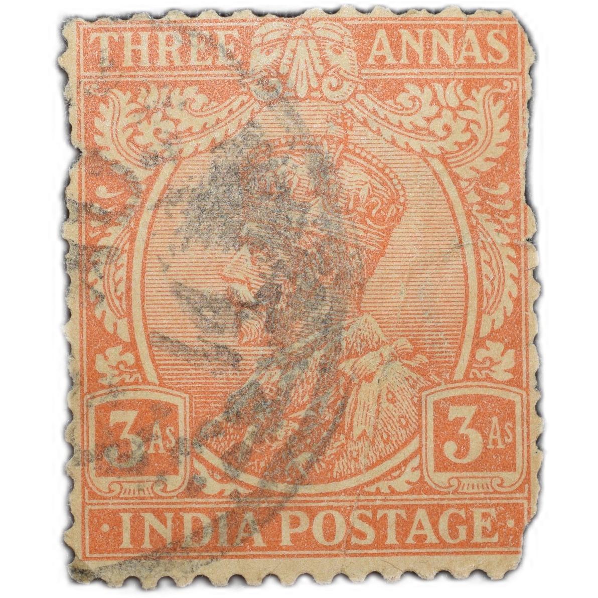 Postal Stamp of George V 3 Annas Orange Colour - Used Condition as per Image.