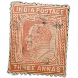 Postal Stamp of Edward VII 3 Annas Orange-Brown Colour Used Condition as per Image.