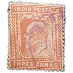 Postal Stamp of Edward VII 3 Annas Orange-Brown Colour Mint Un-Used with Blue Cancellation Ink Condi