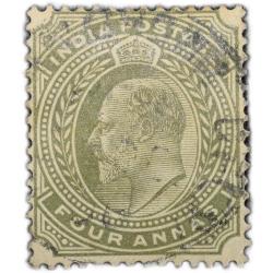 Postal Stamp of Edward VII 4 Annas Olive Colour Used Condition as per Image.