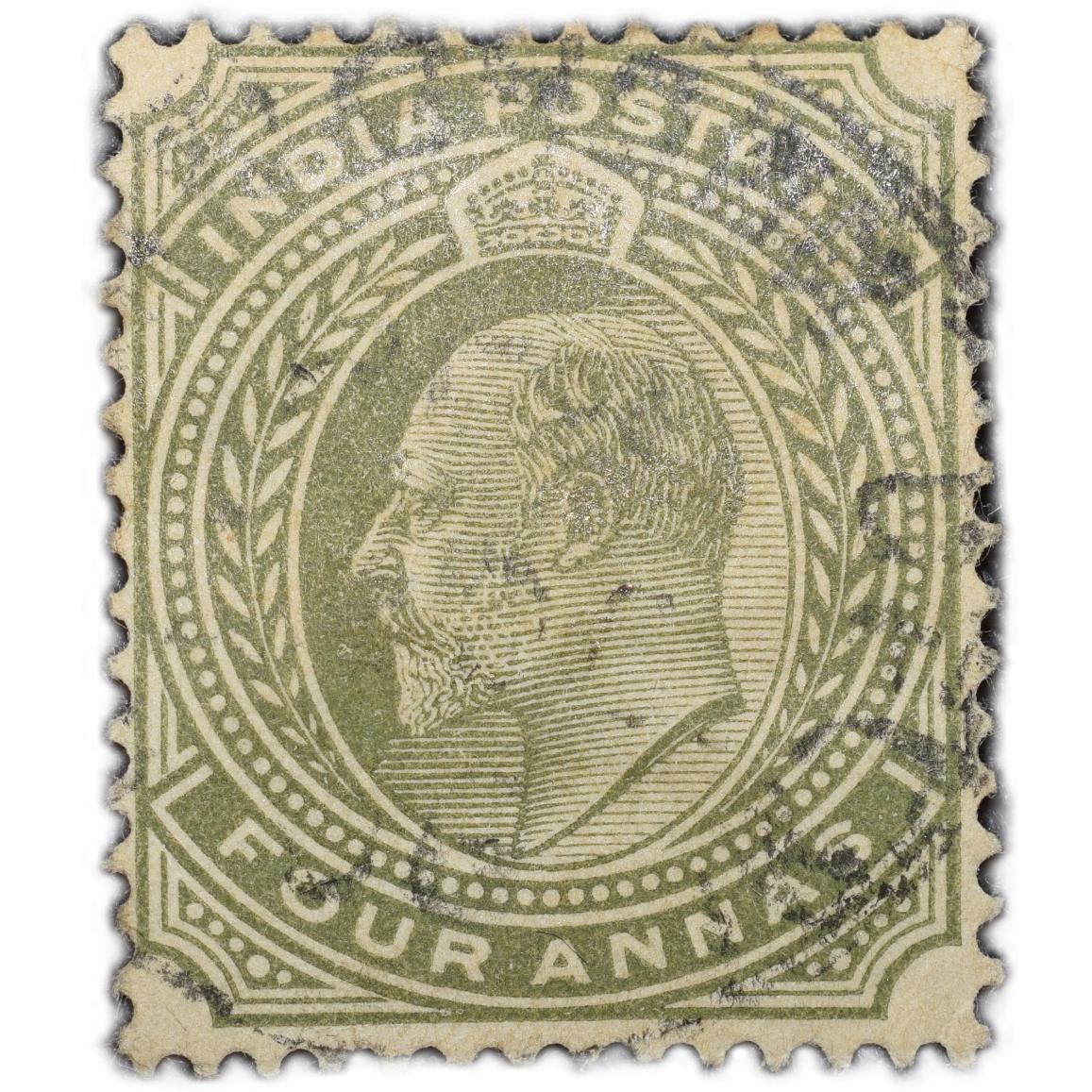 Postal Stamp of Edward VII 4 Annas Olive Colour Used Condition as per Image.