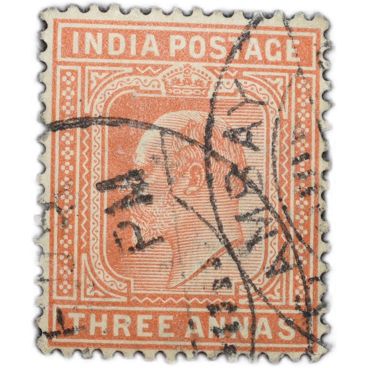 Postal Stamp of Edward VII 3 Annas Orange-Brown Colour Used Condition as per Image.