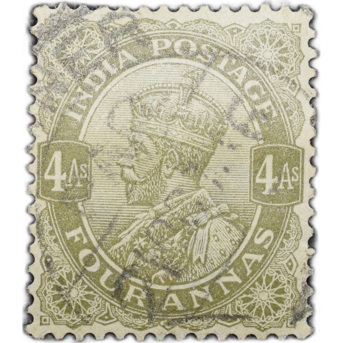 Postal Stamp of George V 4 Annas - Sage Green Colour - Ty.71 Stanely Gibbson - Used as per Image.