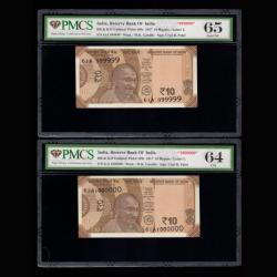 Extremely rare note 10rs with fancy number 999999 and 1000000 with L inset 2017 year extremely Rare and only 00A to 67A prefix printed with PMCS graded. Sku 46