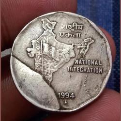2 Rupees Cu/Ni Year 1994 Hyderabad Mint MASSIVE DIE CUD Error **RARE** Collectable Grade.