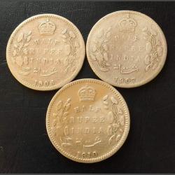 EDWARD Half rupee SET 1/2 ₹ HALF ruppee 🎉🎉 3 DIFFERENT YEAR 🎉🎉1906/7/10. EXCELLENT CONDI