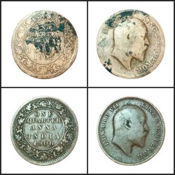 British India ONE QUARTER ANNA'S Year 1906 and 1909 King EDWARD-VII **V. SCARE** Used Conditions.