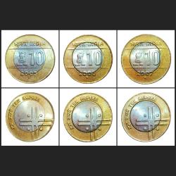 10 Rs CROSS Series Year 2005//2006//2007 NOIDA Mint COMPLETE SET 3 Coins **V. RARE** UNC Grades.