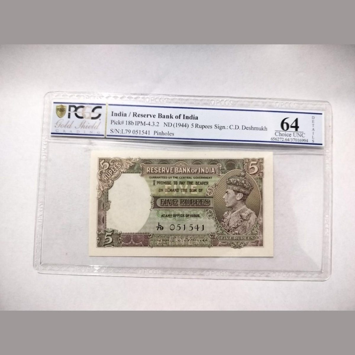 Rare 5 Rupee Note signed by C.D DESHMUKH With Fancy No. 541 PCGS 64 GRADED UNC
