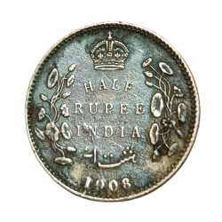 British India Silver 1/2 Rupee KEY DATE Year 1908 King EDWARD-VII **RARE** Collectable Grade.