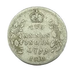 Rare Two Annas 1910 Coin of Edward Vii King Emperor British India Silver Coin #NH01032