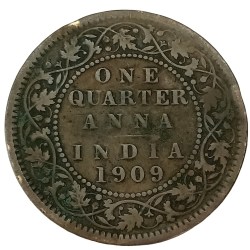 Extremely Rare One Quarter Anna 1909 Coin of Edward Vii British India Copper Coin #NH1252