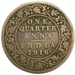 Rare One Quarter Anna 1916 Coin of George V King Emperor British India Coin #NH1326
