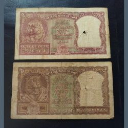 Alternative view of 2 rupees half tiger note very good condition different signature one PC Bhattacharya second h v r