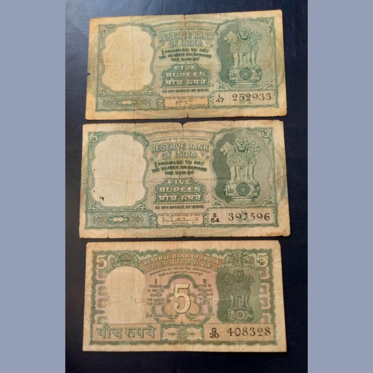5₹ NOTES 3 different signature. Very beautiful condition Rare notes 1 H. V. R. LENGER. 6 DEER